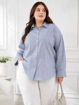Women's Plus Size Sky Blue Vertical Stripes Casual Shirt