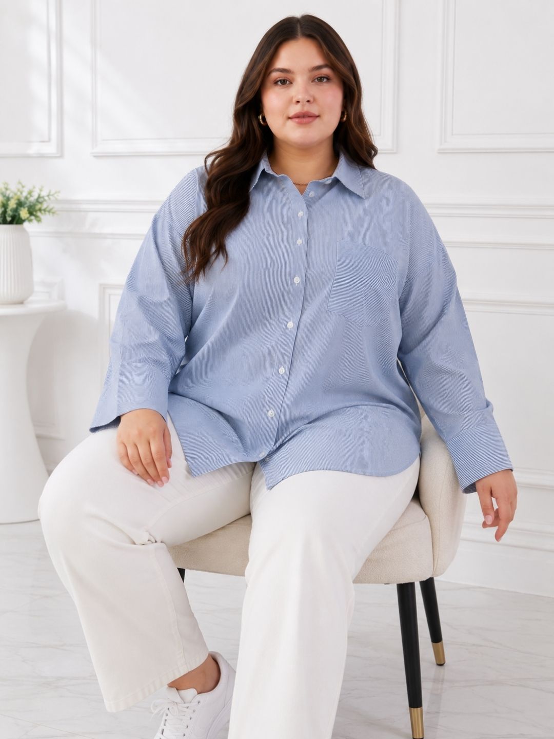 Women's Plus Size Sky Blue Vertical Stripes Casual Shirt