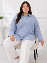 Women's Plus Size Sky Blue Vertical Stripes Casual Shirt