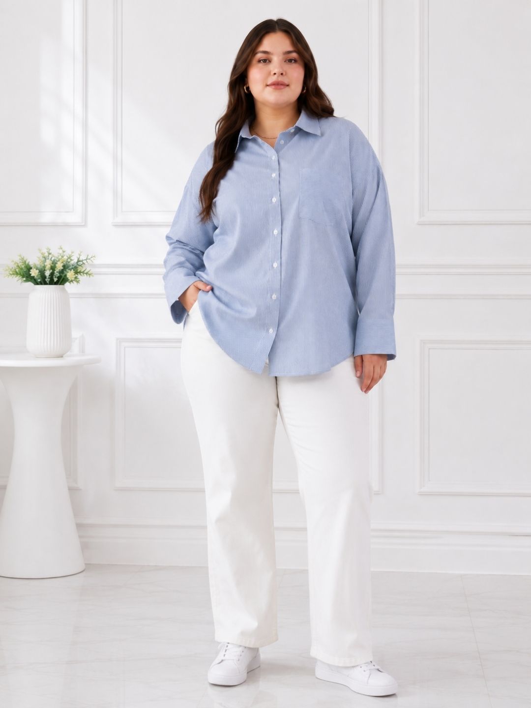 Women's Plus Size Sky Blue Vertical Stripes Casual Shirt