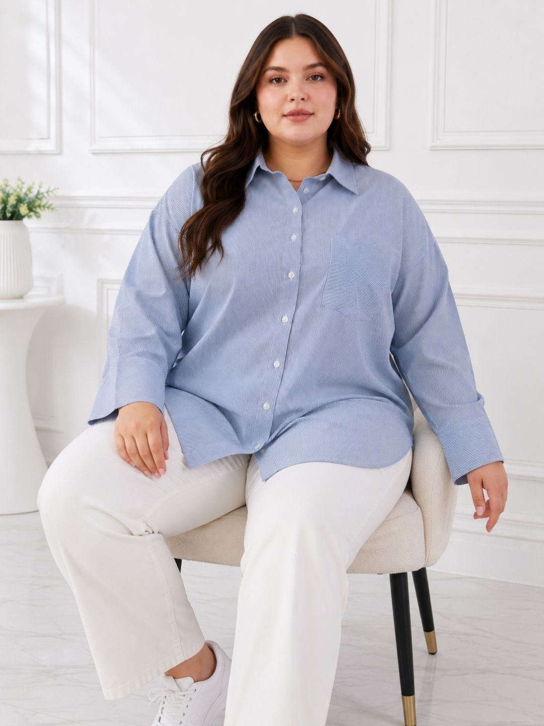Women's Plus Size Sky Blue Vertical Stripes Casual Shirt