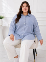 Women's Plus Size Sky Blue Vertical Stripes Casual Shirt