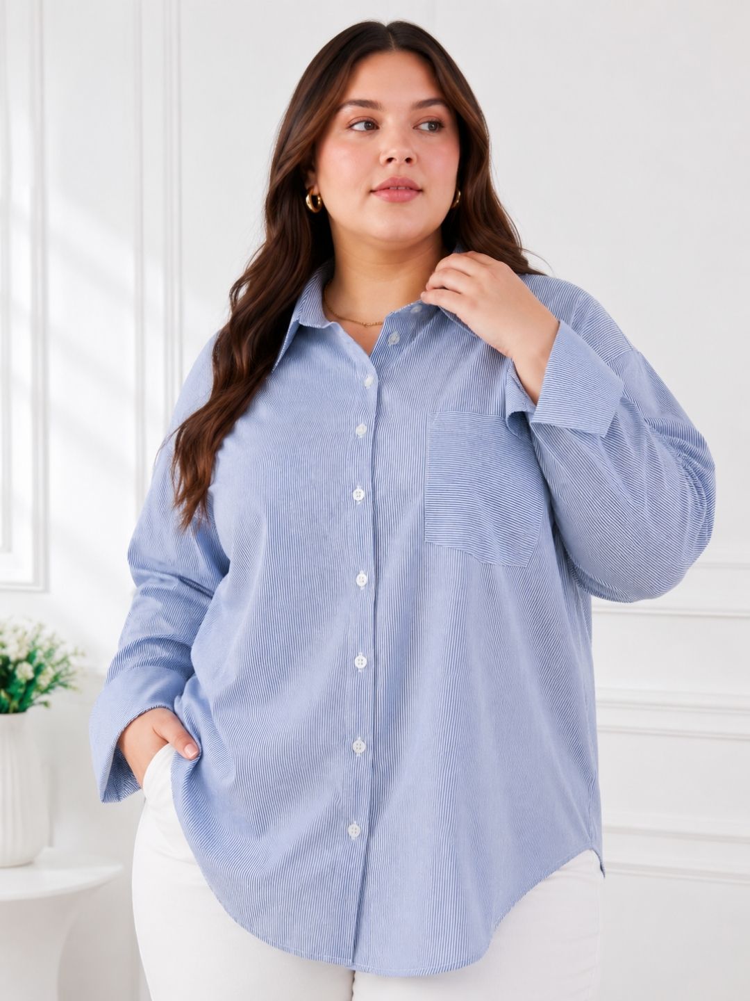 Women's Plus Size Sky Blue Vertical Stripes Casual Shirt
