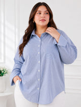 Women's Plus Size Sky Blue Vertical Stripes Casual Shirt