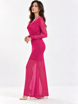 Women Solid Draped Cowl Neck Full Sleeve Bodycon Maxi Dress