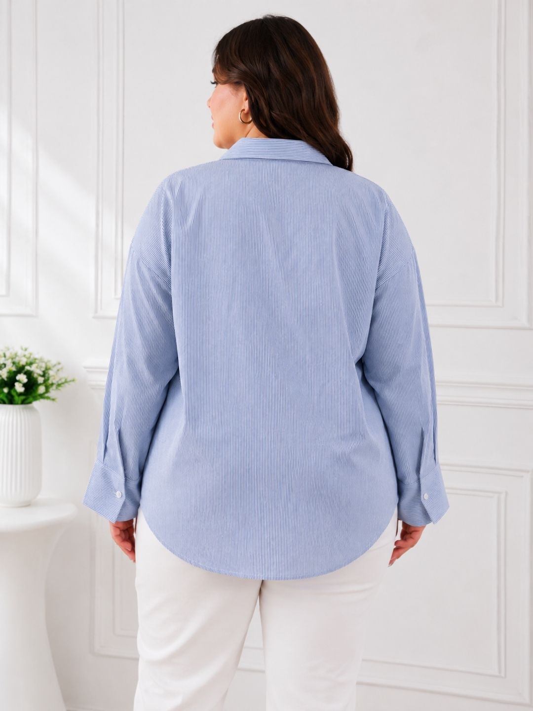 Women's Plus Size Sky Blue Vertical Stripes Casual Shirt