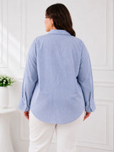 Women's Plus Size Sky Blue Vertical Stripes Casual Shirt