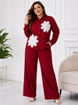 Women's Plus Size Floral Appliqué Shirt & Pant Co-Ord Set