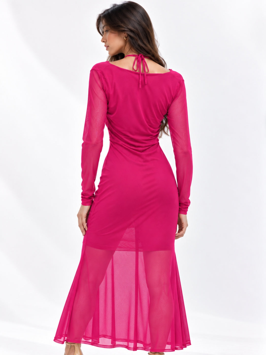 Women Solid Draped Cowl Neck Full Sleeve Bodycon Maxi Dress