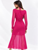 Women Solid Draped Cowl Neck Full Sleeve Bodycon Maxi Dress