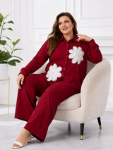 Women's Plus Size Floral Appliqué Shirt & Pant Co-Ord Set