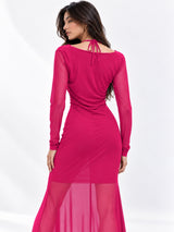Women Solid Draped Cowl Neck Full Sleeve Bodycon Maxi Dress