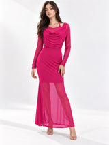 Women Solid Draped Cowl Neck Full Sleeve Bodycon Maxi Dress