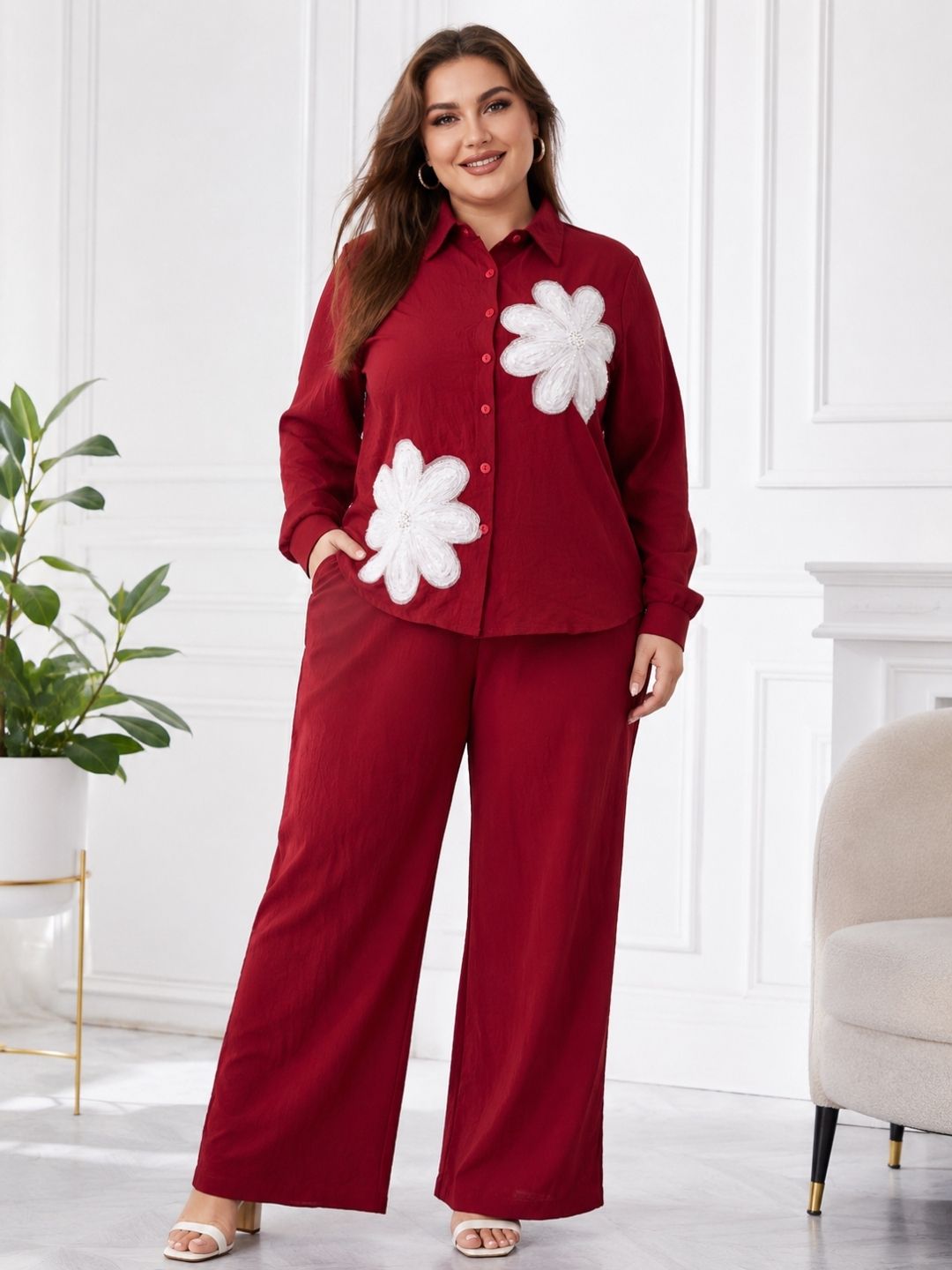 Women's Plus Size Floral Appliqué Shirt & Pant Co-Ord Set