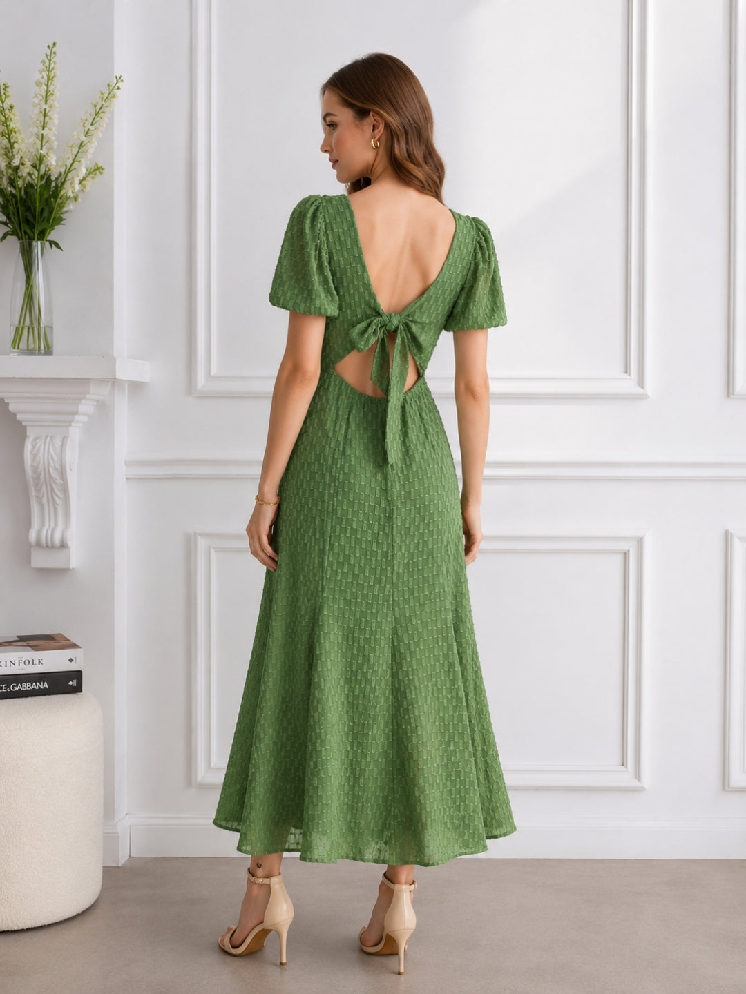 Women’s Polyester Green Back Tie-up Dress