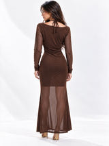 Women Solid Draped Cowl Neck Full Sleeve Bodycon Maxi Dress