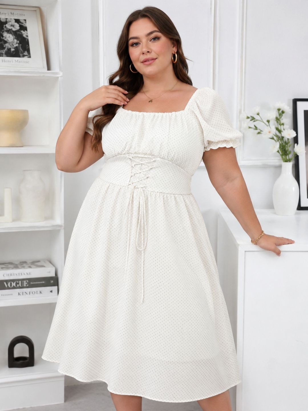 Women's Plus Size White Dobby Fit & Flare Midi Dress