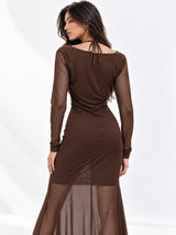 Women Solid Draped Cowl Neck Full Sleeve Bodycon Maxi Dress