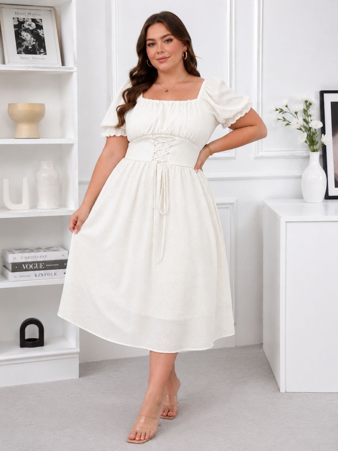 Women's Plus Size White Dobby Fit & Flare Midi Dress