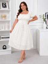 Women's Plus Size White Dobby Fit & Flare Midi Dress