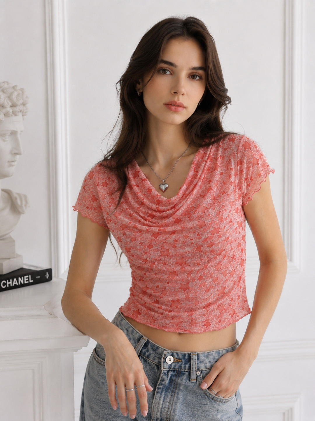 Women Cowl Neck Printed Crop Top