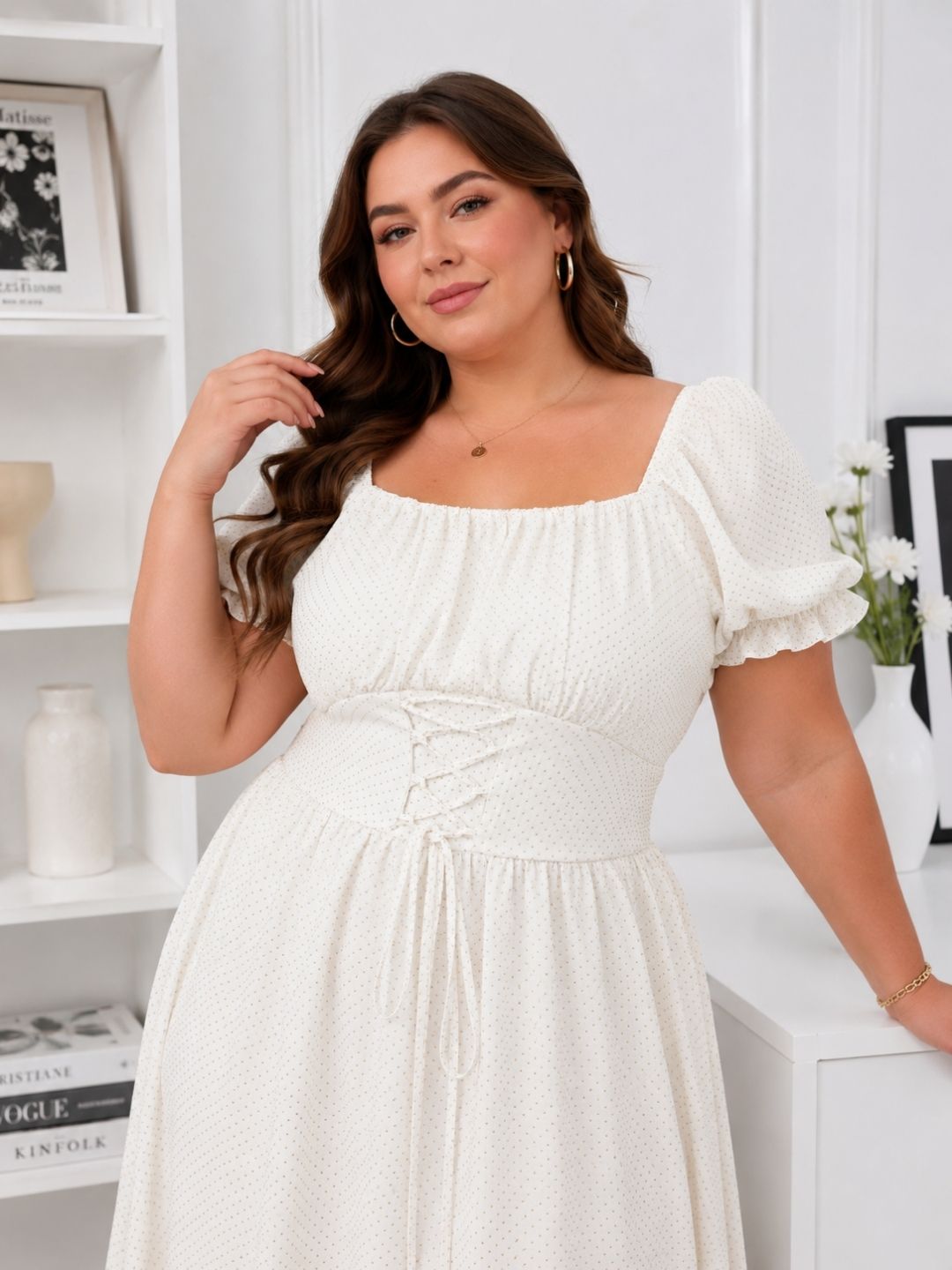 Women's Plus Size White Dobby Fit & Flare Midi Dress