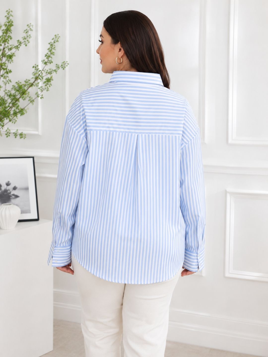 Women's Plus Size Blue & White Vertical Stripes Casual Shirt