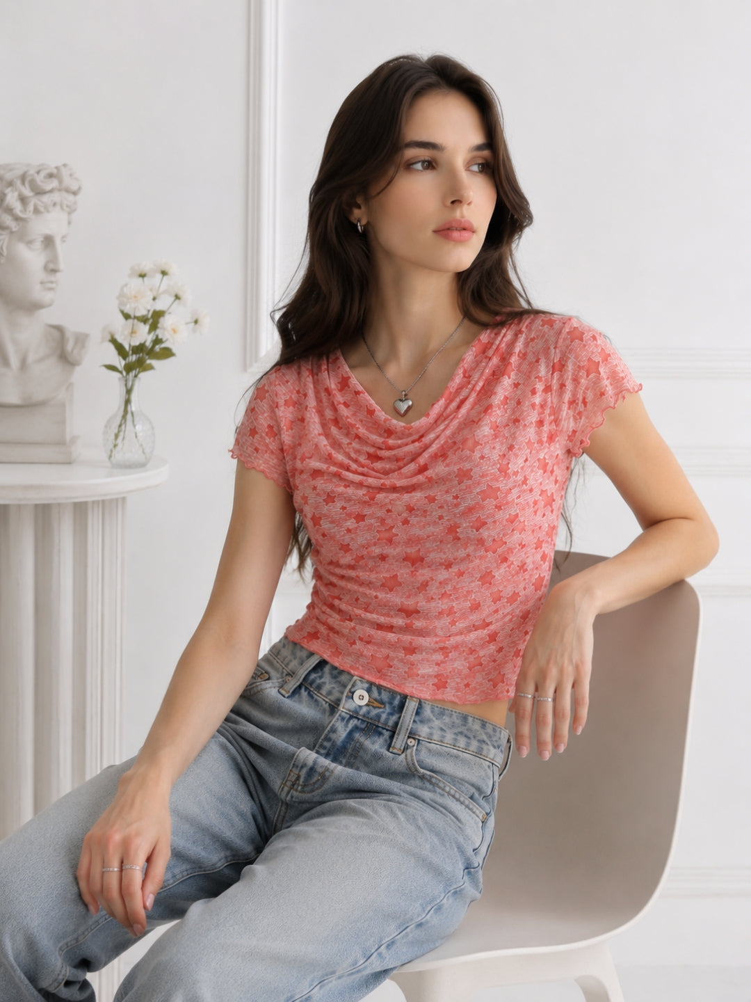 Women Cowl Neck Printed Crop Top