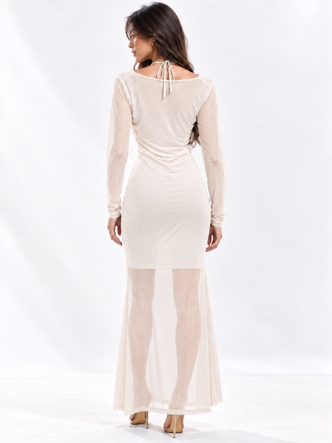 Women Solid Draped Cowl Neck Full Sleeve Bodycon Maxi Dress