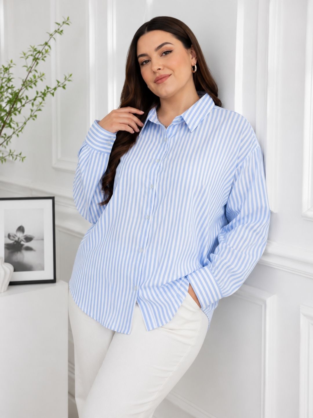 Women's Plus Size Blue & White Vertical Stripes Casual Shirt