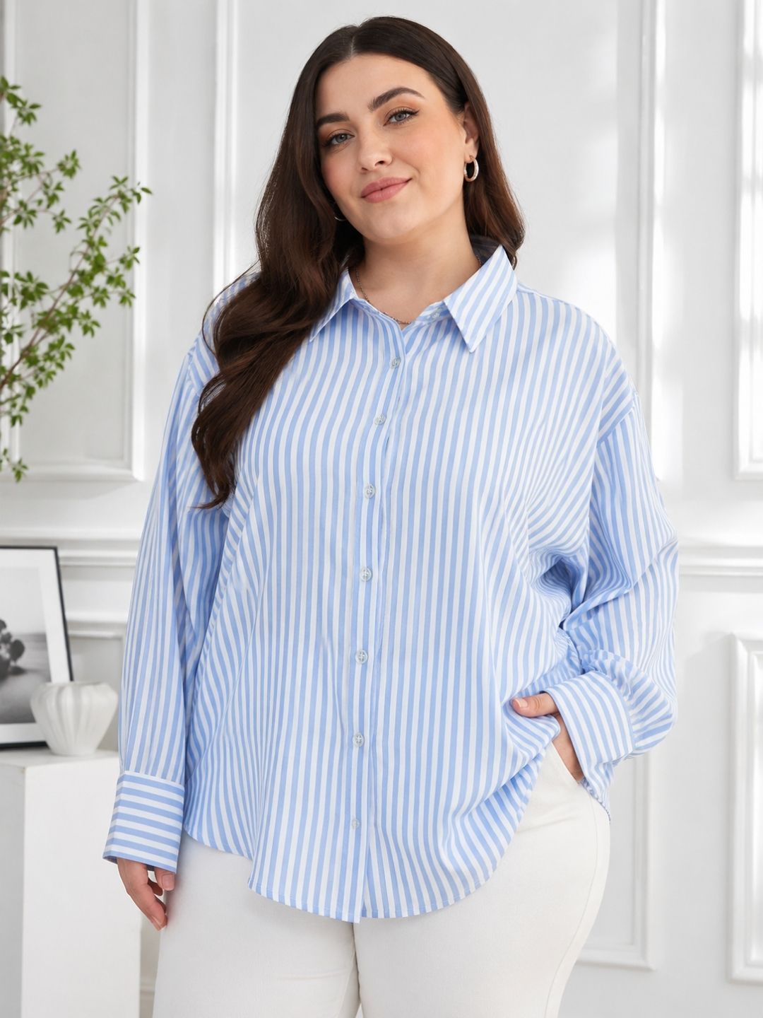 Women's Plus Size Blue & White Vertical Stripes Casual Shirt