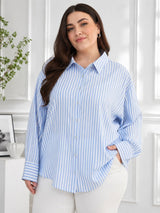 Women's Plus Size Blue & White Vertical Stripes Casual Shirt