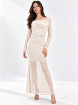 Women Solid Draped Cowl Neck Full Sleeve Bodycon Maxi Dress