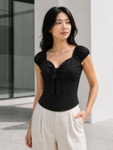 Clobug Women Tie up Neck Short Sleeve Top