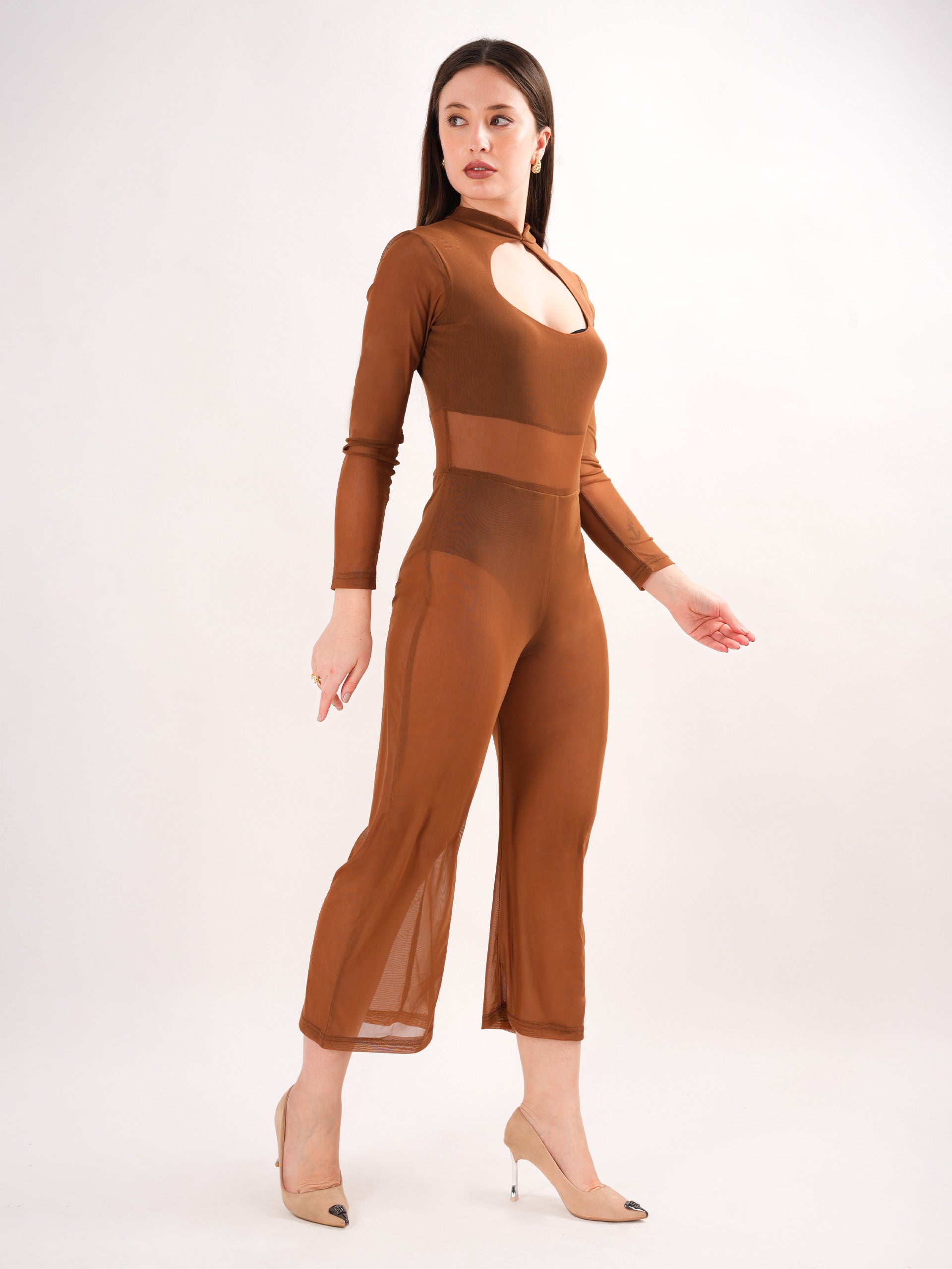 Sheer Brown keyhole Neck Jumpsuit