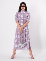 Floral Print A - Line Midi Dress With Gathering Sleeve