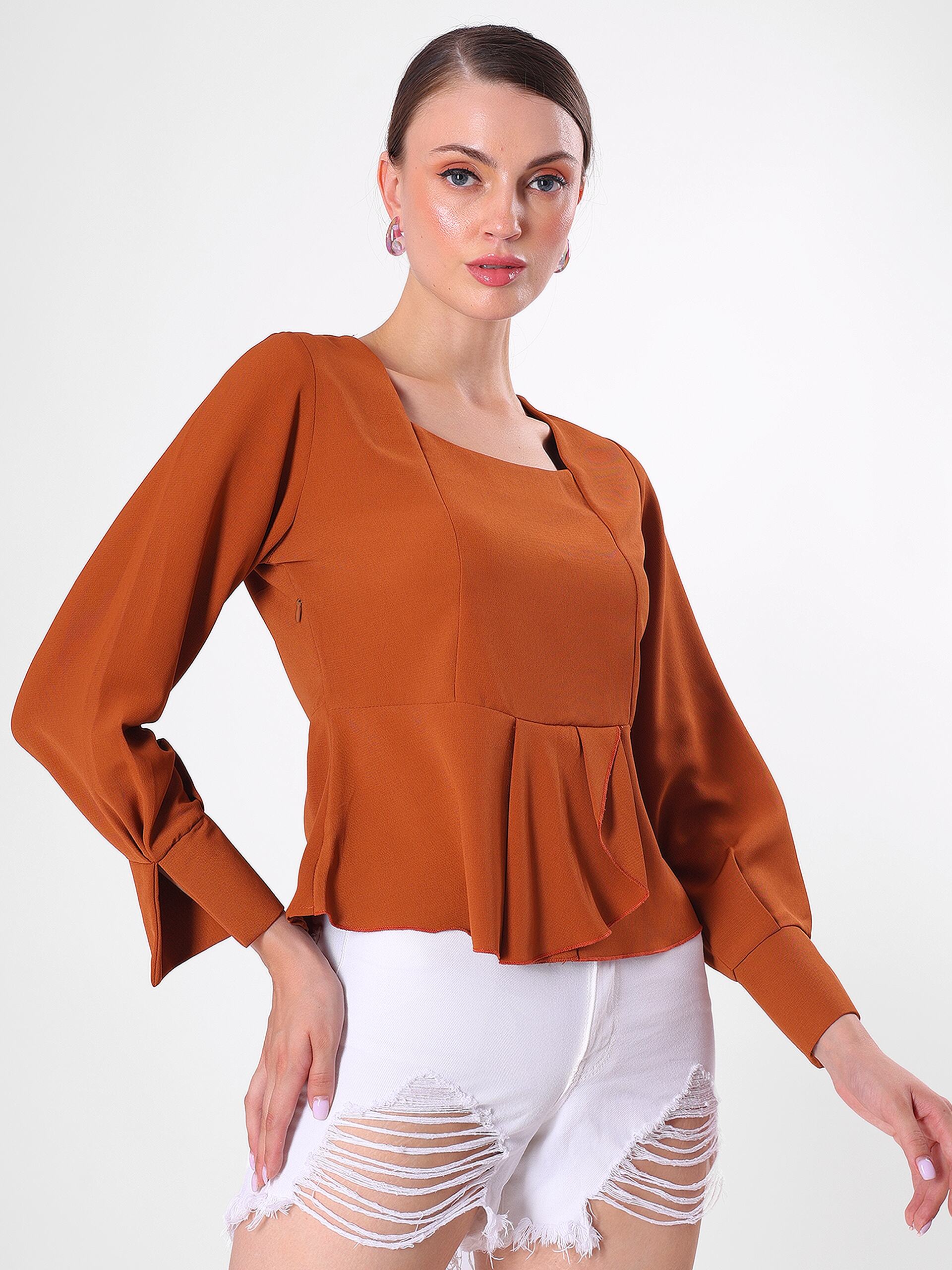 Argan Brown Solid Peplum Top