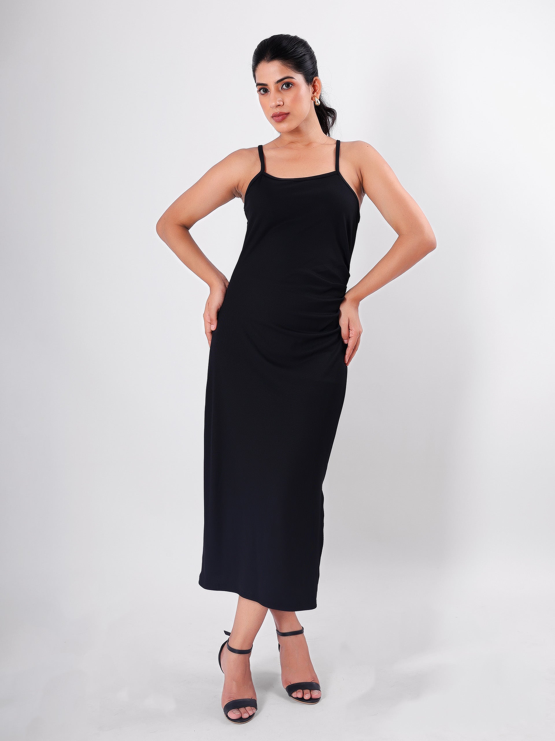 Solid Side Slit Strappy Midi Dress