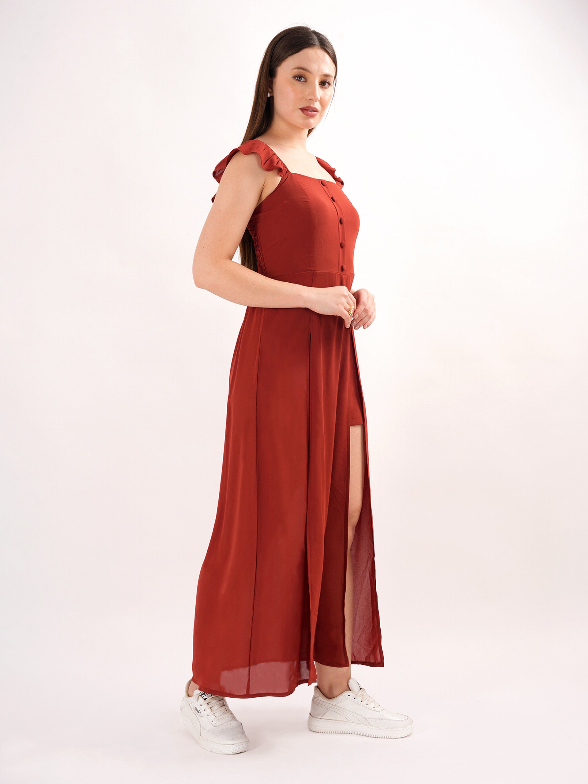 Terracotta Brown Slit Midi Dress