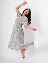 Floral Print A - Line Midi Dress With Butterfly Sleeve