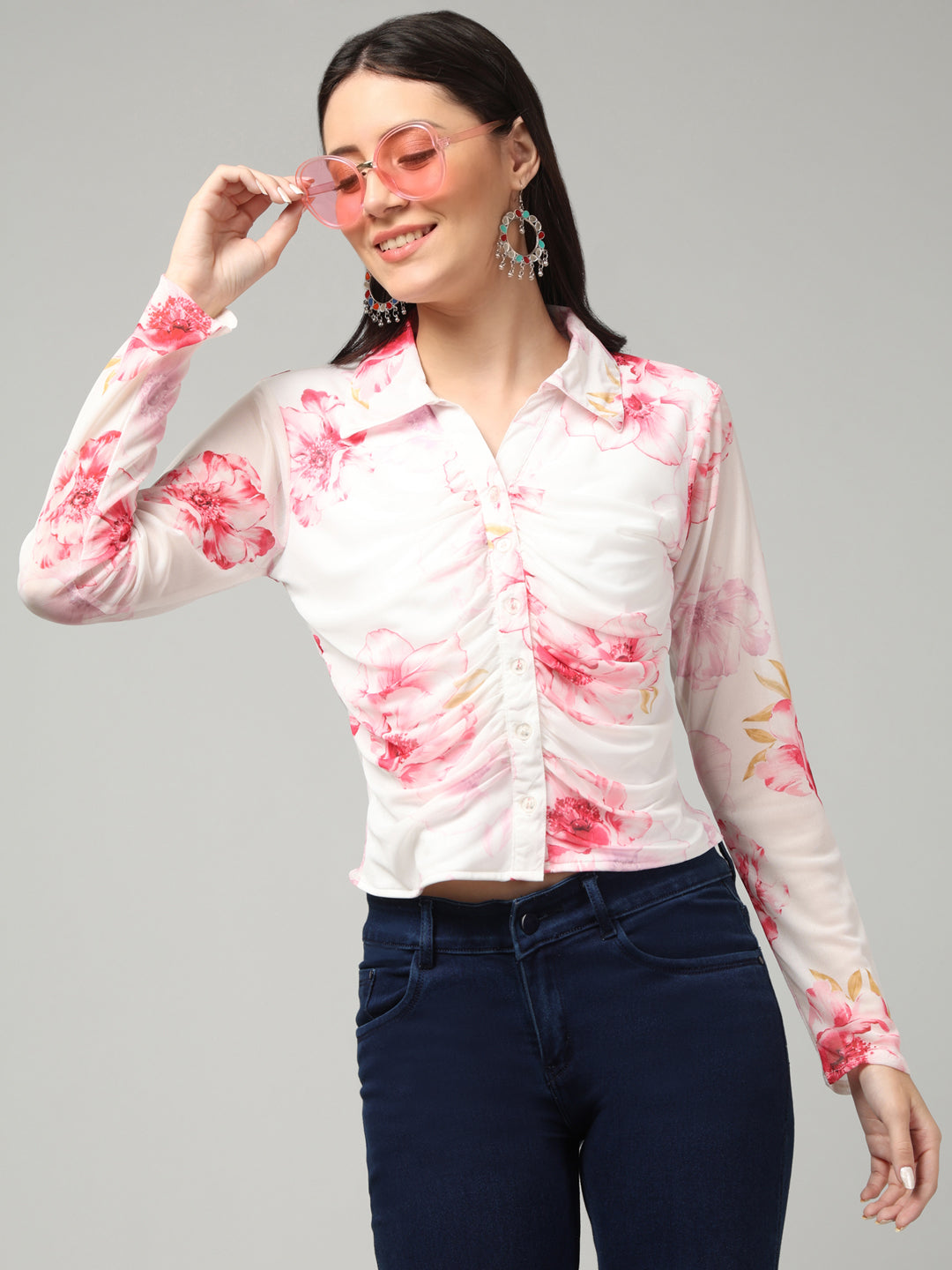 Clobug Women Floral Print Full Sleeve Shirt
