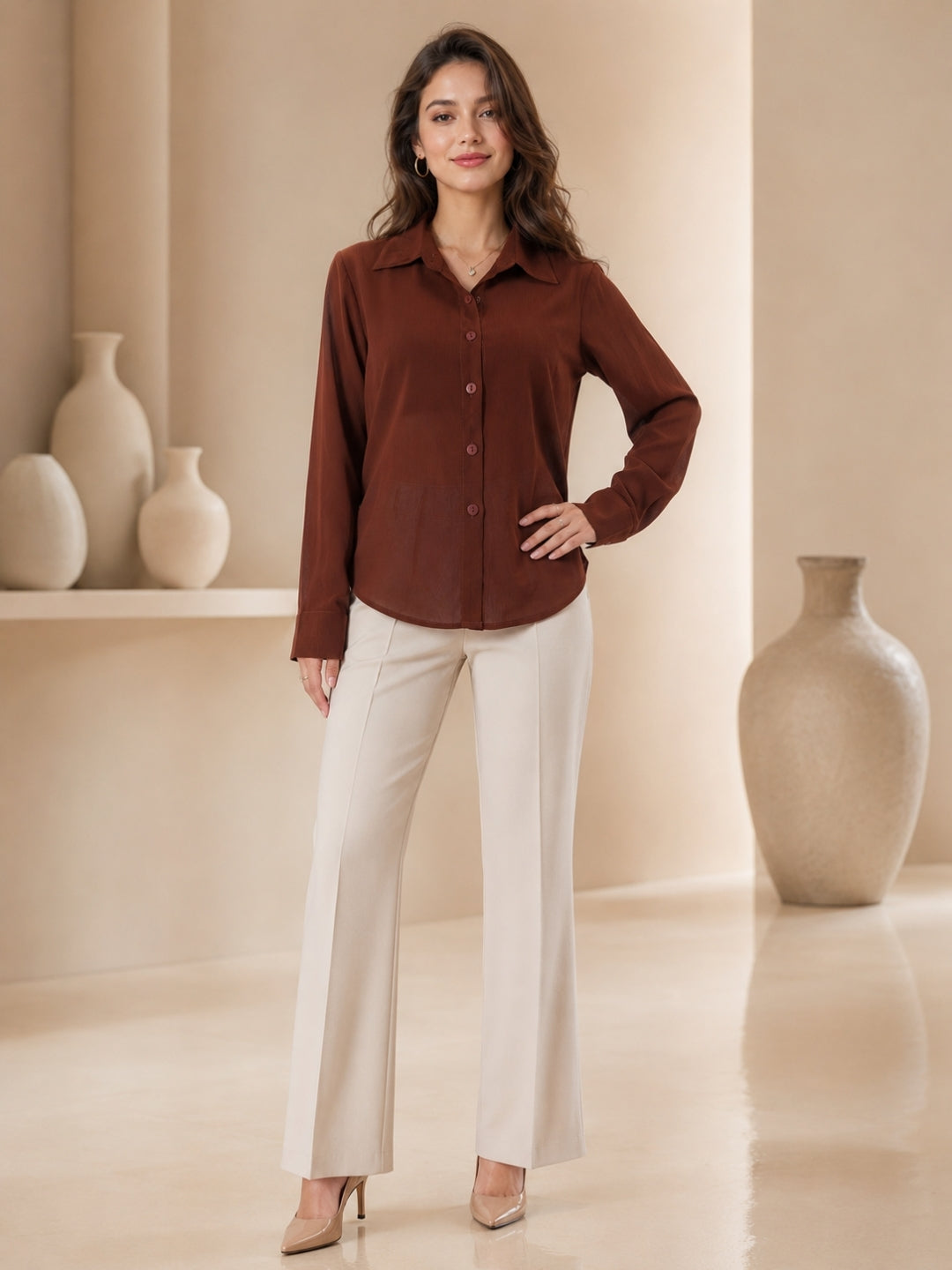 Clobug Casual  Textured Brown  Shirt With Full Sleeve