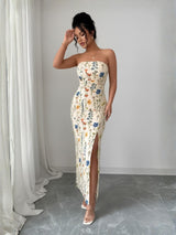 Clobug Strapless Floral Slit Maxi Dress – Elegant Bodycon Evening Dress