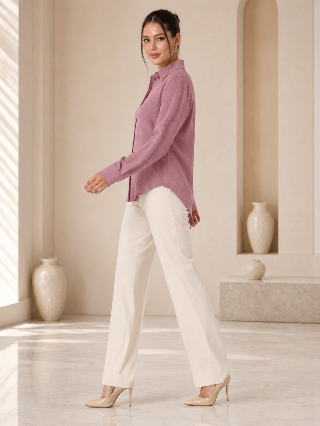 Clobug Women Pink Full Sleeve Oversized Textured Shirt