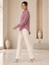 Clobug Women Pink Full Sleeve Oversized Textured Shirt
