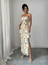 Clobug Strapless Floral Slit Maxi Dress – Elegant Bodycon Evening Dress