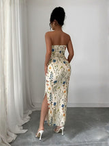 Clobug Strapless Floral Slit Maxi Dress – Elegant Bodycon Evening Dress