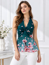Women Printed Halter Neck Twist Front Peplum Top