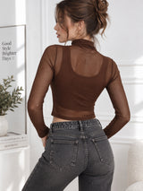 Clobug Women Full Sleeve High Neck Mesh Crop Top