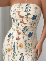 Clobug Strapless Floral Slit Maxi Dress – Elegant Bodycon Evening Dress